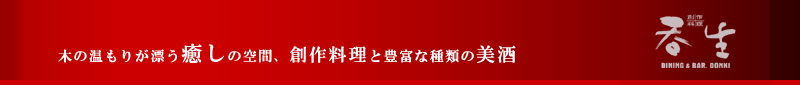 木の温もりが漂う癒しの空間、創作料理と豊富な種類の美酒：創作料理 呑生（どんき）